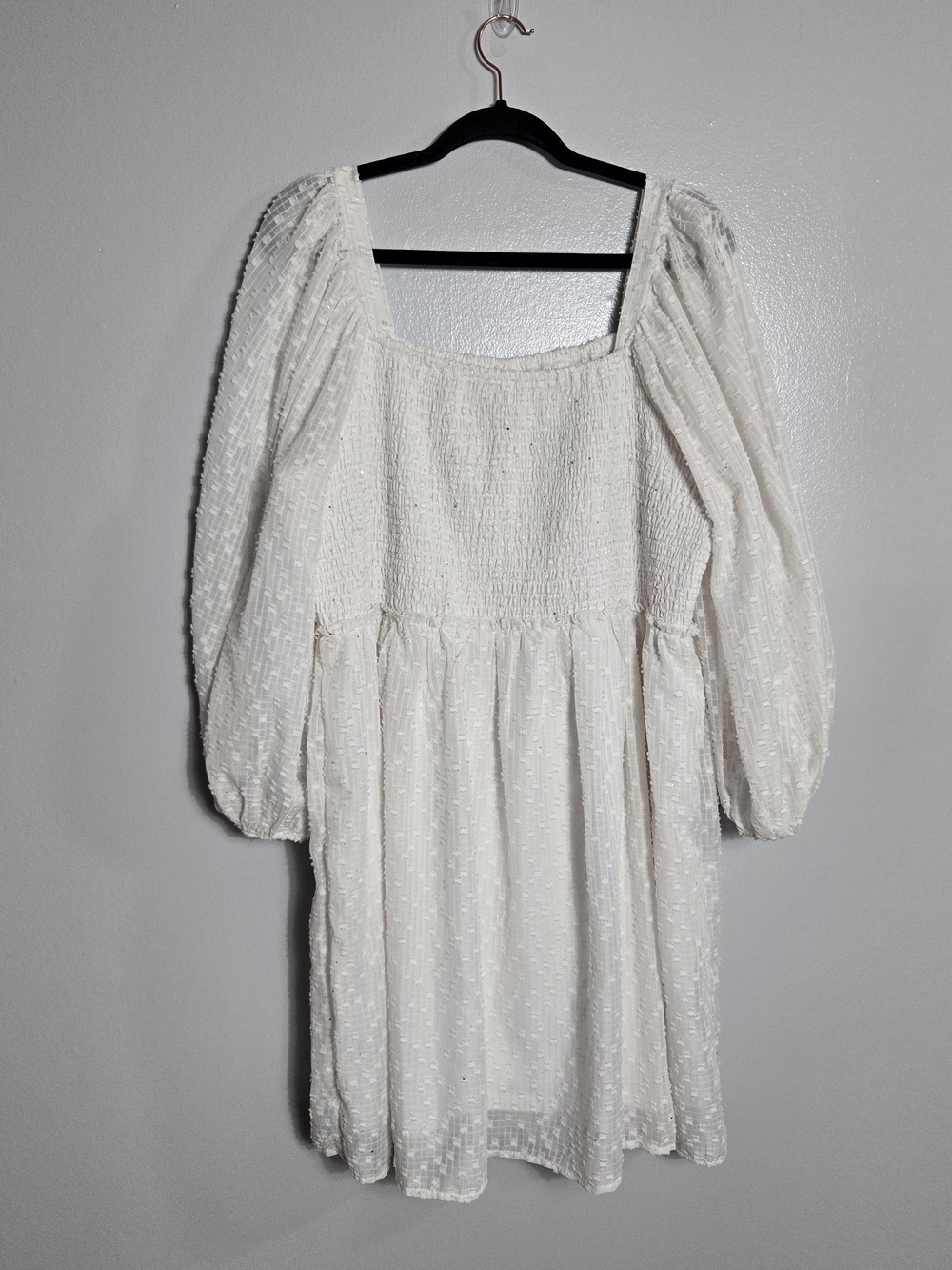 Arula White Swiss Dot Smocked Square Neck Long Sleeve Babydoll Mini Dress Size B